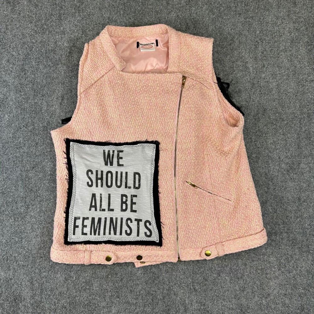 Spenny Lane Pink Tweed Feminist Vest Black Denim Fringe Moto Sleeveless